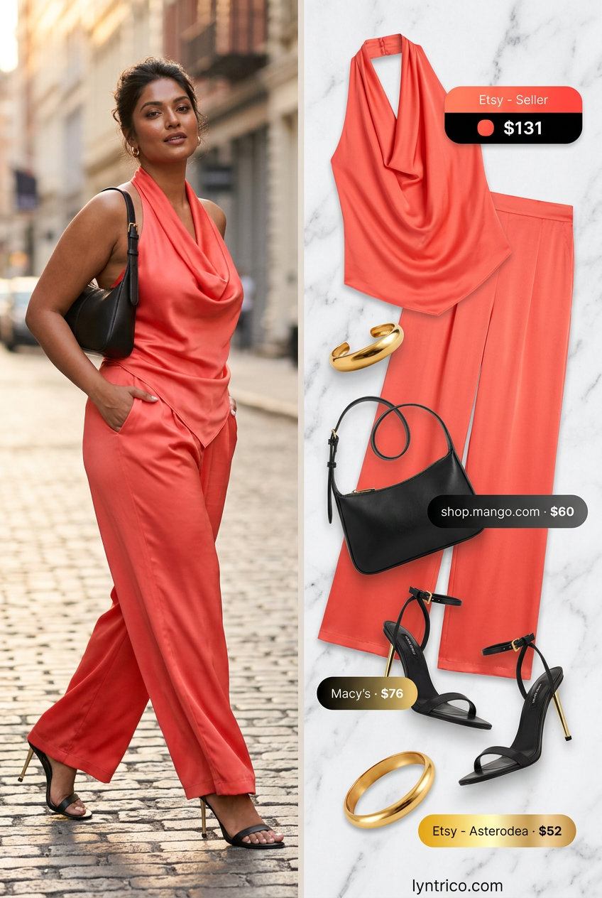 Bold vibrant coral satin halter crop top and wide-leg pants set for summer nights. Urban outfit 2026.