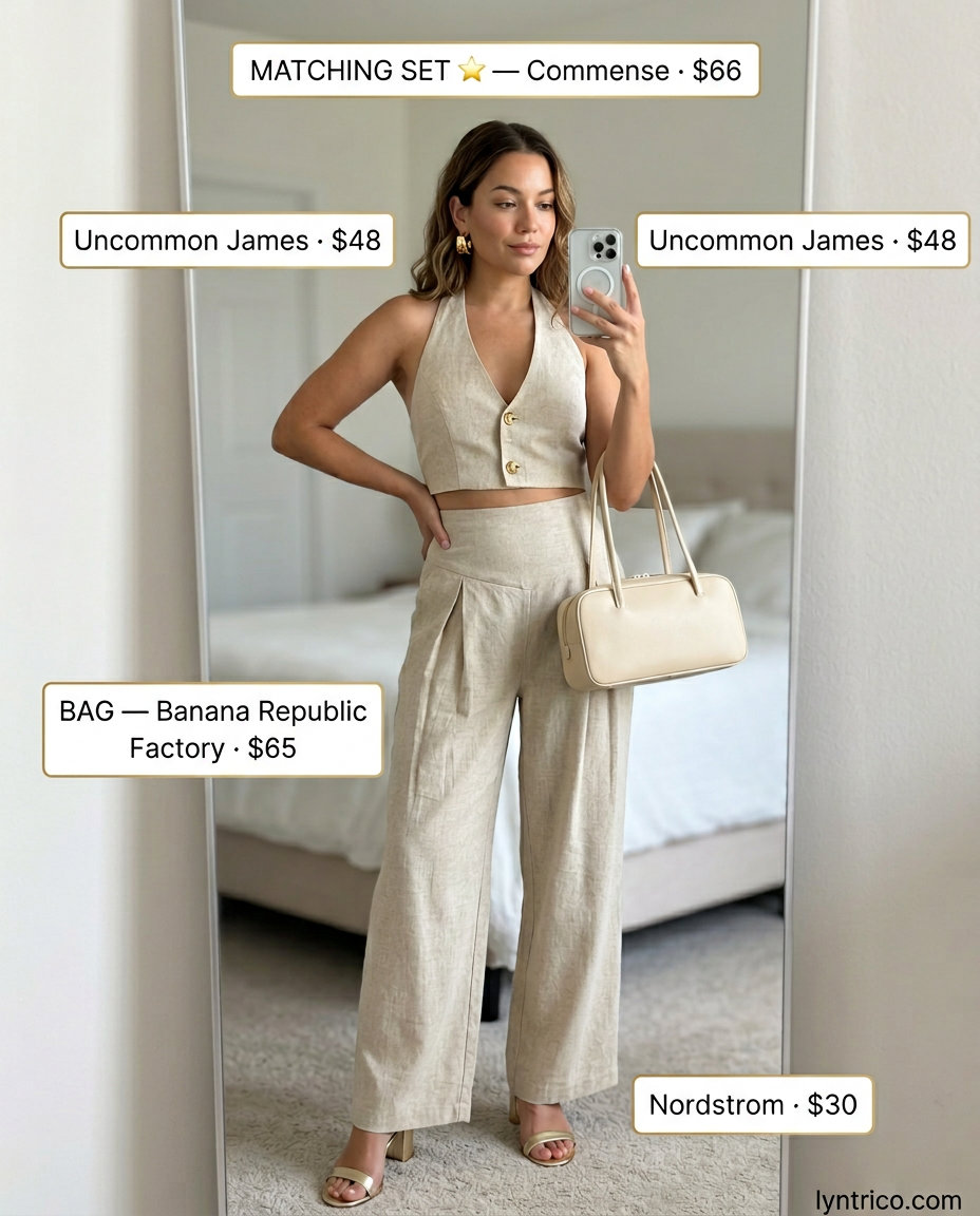 Chic cream linen halter neck set for summer evening events. Monochromatic outfit with gold accessories.