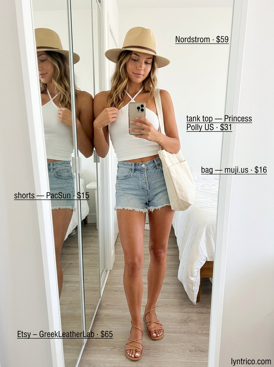 Casual weekend outfit: white halter tank, denim shorts, straw hat. Summer Halter Neck outfits for women 2026.