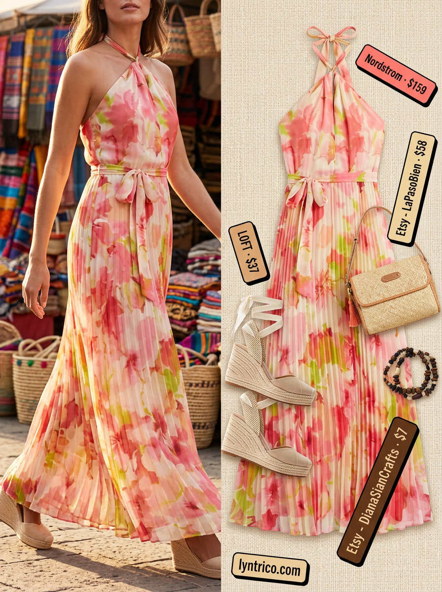 Boho floral halter maxi dress for women 2026, paired with espadrilles and straw bag for summer vacation.