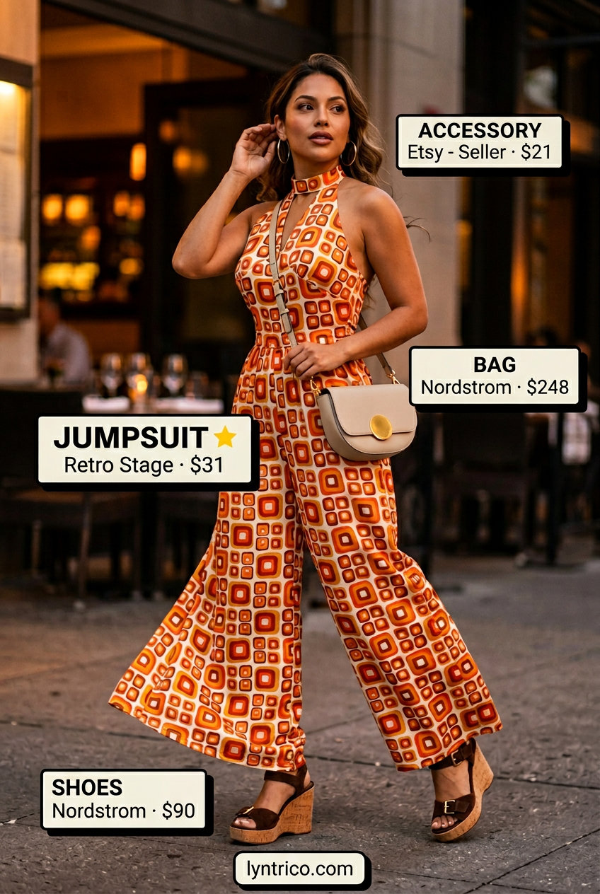 Retro summer party jumpsuit: mustard yellow geometric halter jumpsuit, platform wedges. Summer Halter Neck outfits for women 2026.