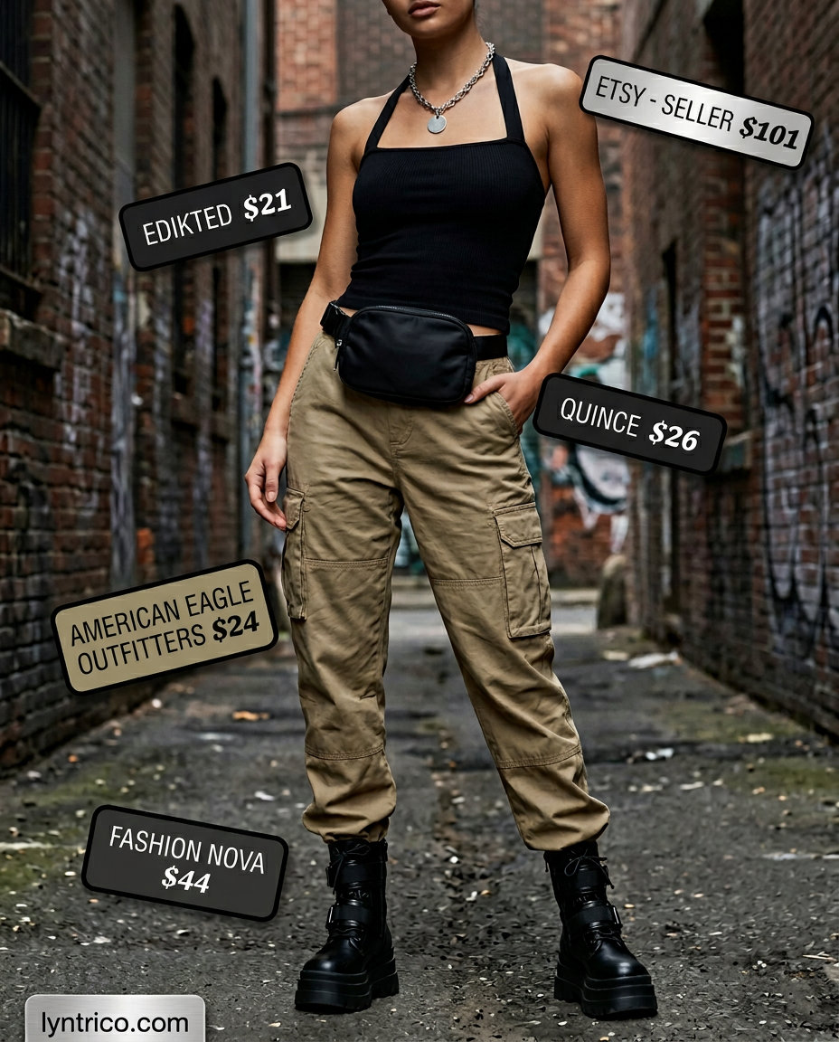 Edgy black halter crop top with khaki cargo pants for women 2026, styled with combat boots and belt bag.