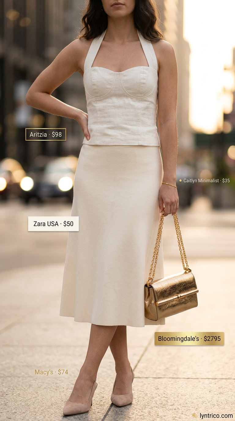 Minimalist ivory knit halter top and midi skirt set for women 2026, styled with slingback heels and gold accessories.