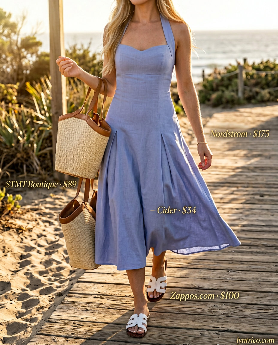 Relaxed sky blue linen halter midi dress for women 2026, paired with flat slides and an oversized straw tote.