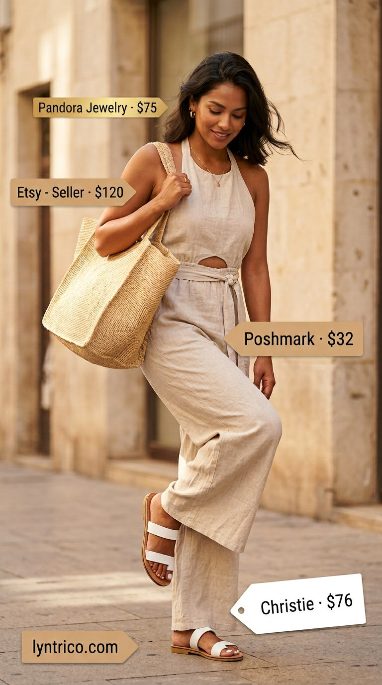 Effortless travel outfit: beige linen halter jumpsuit, raffia tote. Summer Halter Neck outfits for women 2026.