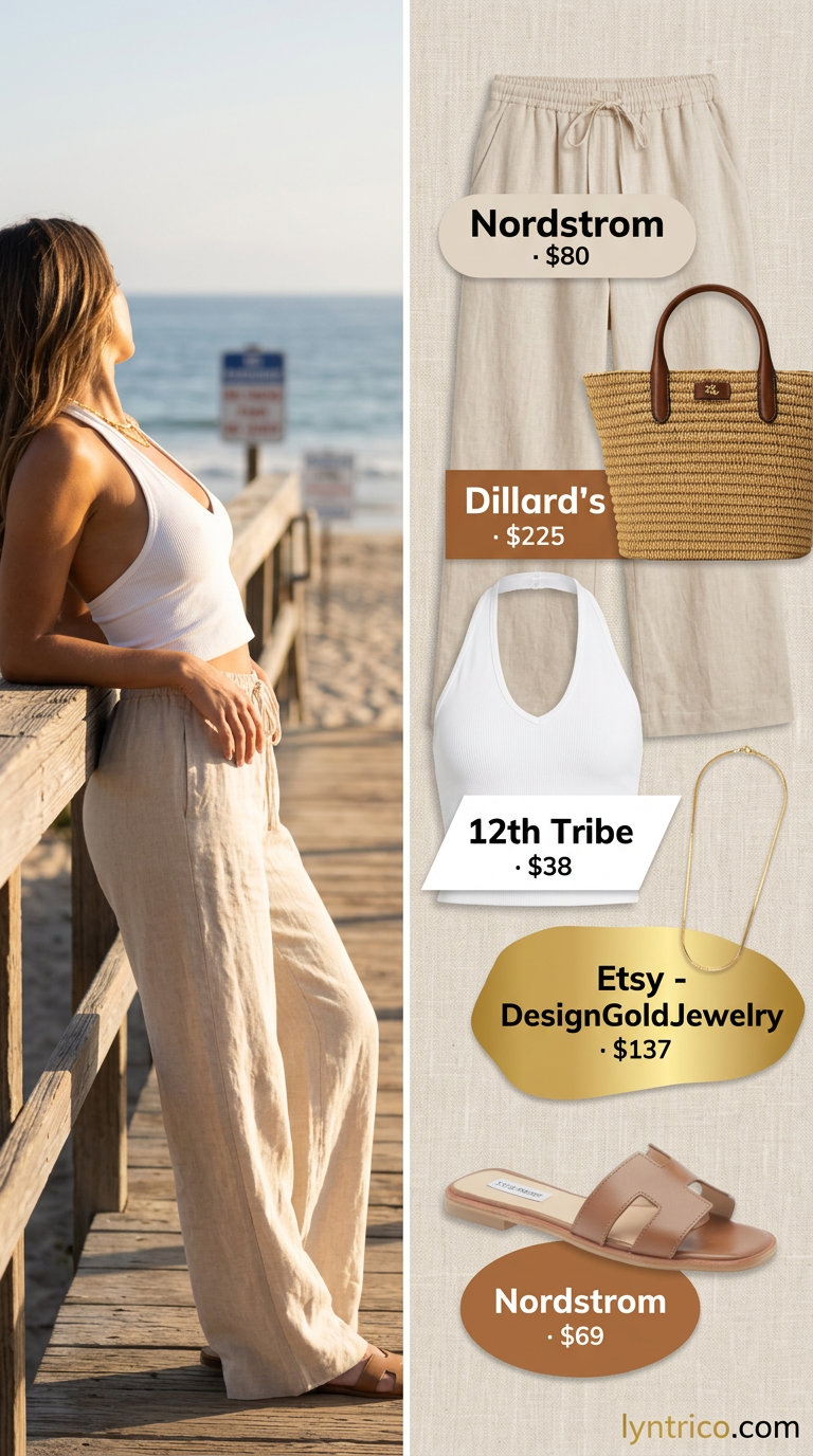 Relaxed beach day outfit: white halter tank, linen pants, straw tote. Summer Halter Neck outfits for women 2026.