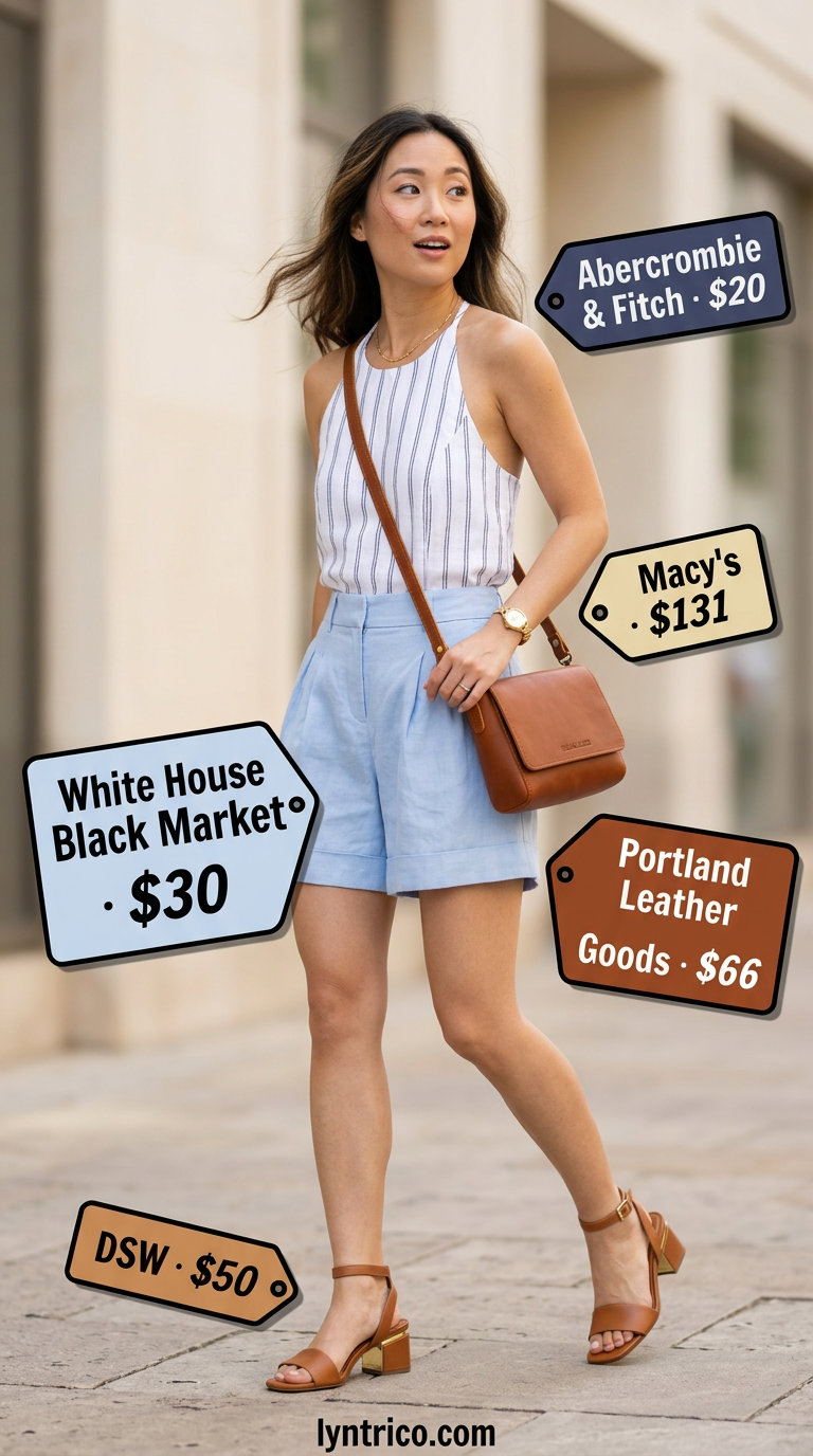Chic business casual: cream halter top, navy linen shorts, tan crossbody bag. Summer Halter Neck outfits for women 2026.