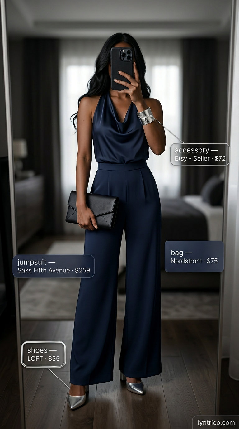 Sophisticated navy satin halter jumpsuit for women 2026, paired with silver block heels and clutch for evening.