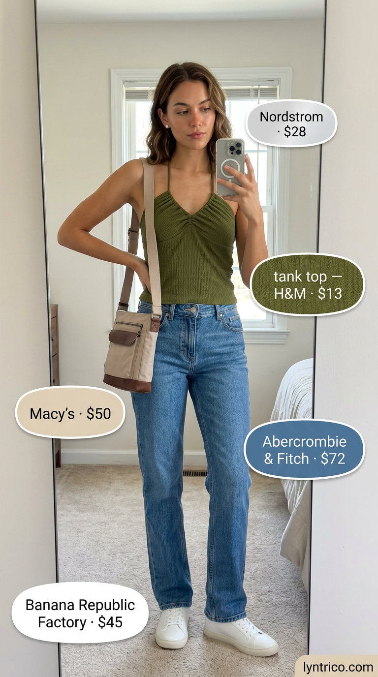 Casual olive green halter neck knit tank top with denim jeans for weekend errands. Summer outfit 2026.