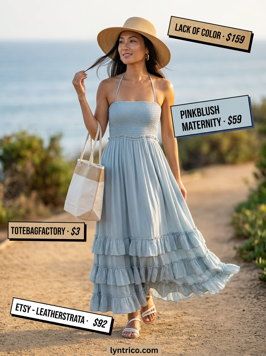 Feminine pastel blue halter neck midi sundress for summer garden parties. Casual outfit 2026.