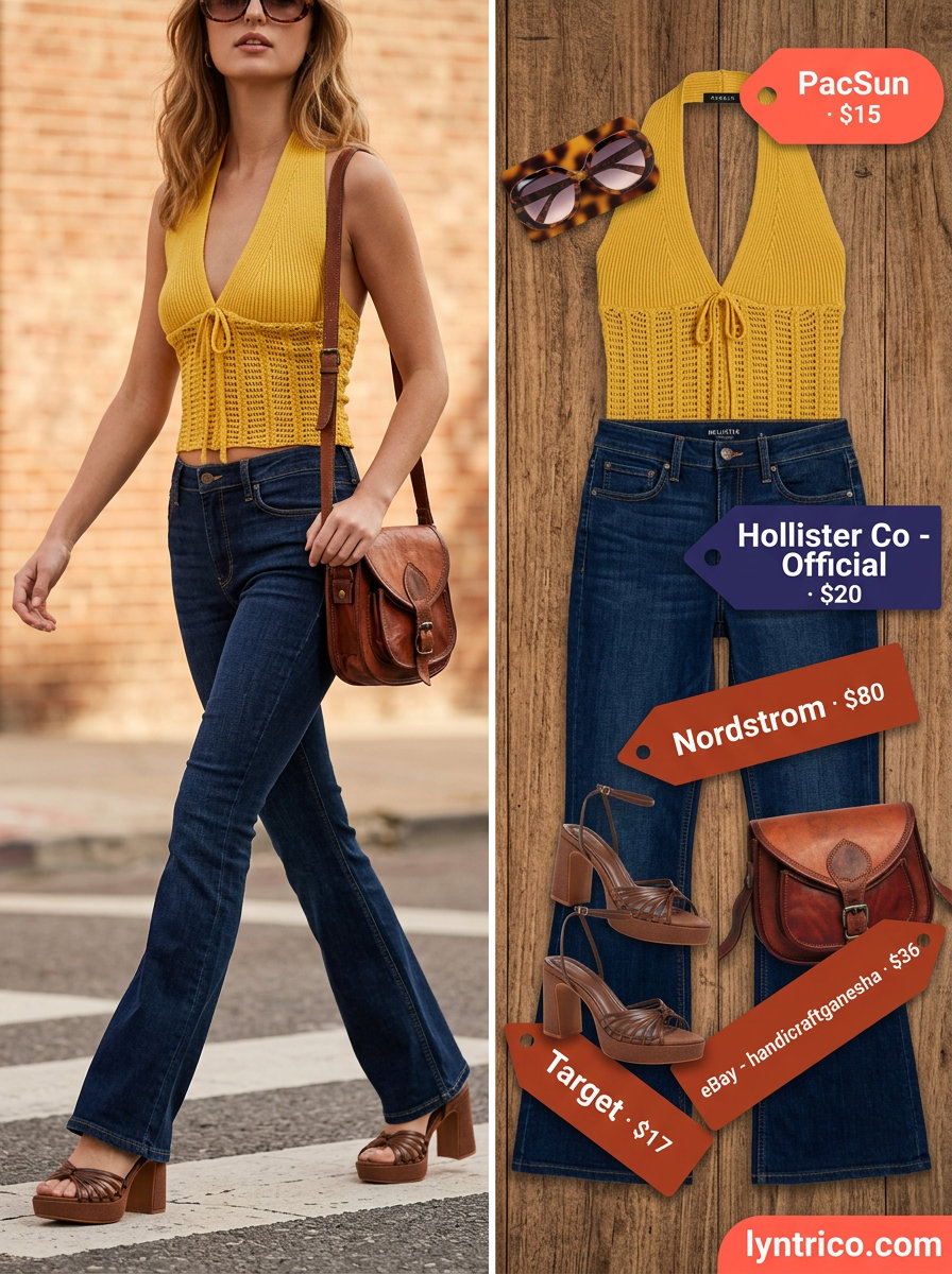 Retro concert look: mustard halter top, flare jeans, platform sandals. Summer Halter Neck outfits for women 2026.
