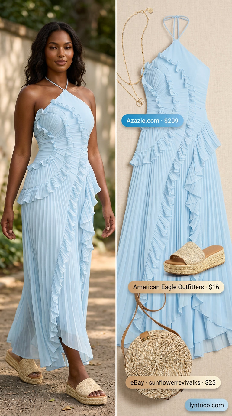 Effortless sky blue crinkle cotton halter neck maxi dress for coastal vibes. Vacation outfit 2026.