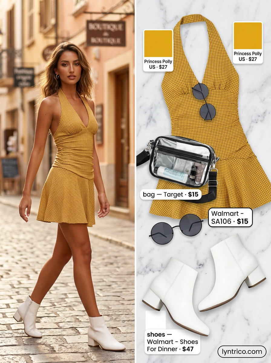 Playful yellow geometric print halter neck mini dress for summer festivals. Retro style outfit 2026.