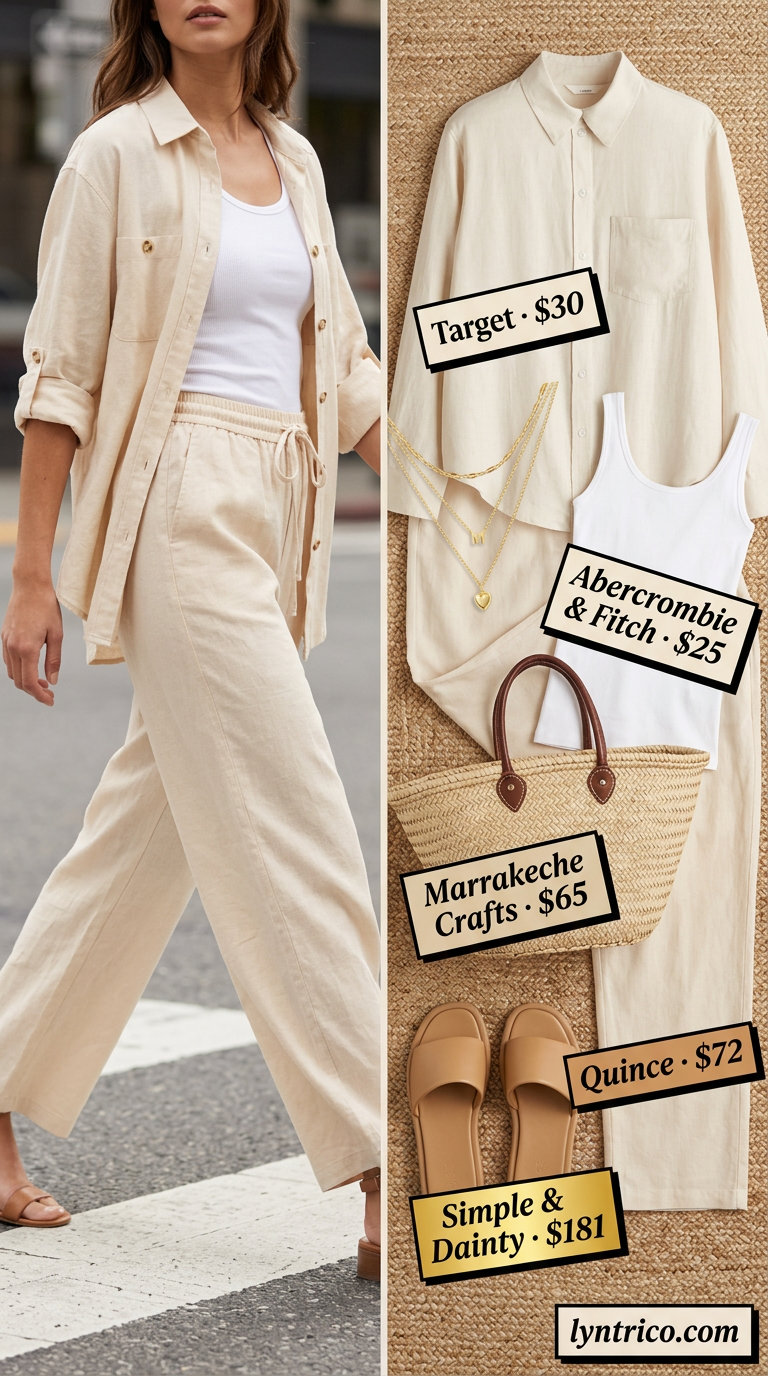 Chic soft beige linen oversized shirt and wide-leg pants set for coastal summer outfits 2026.
