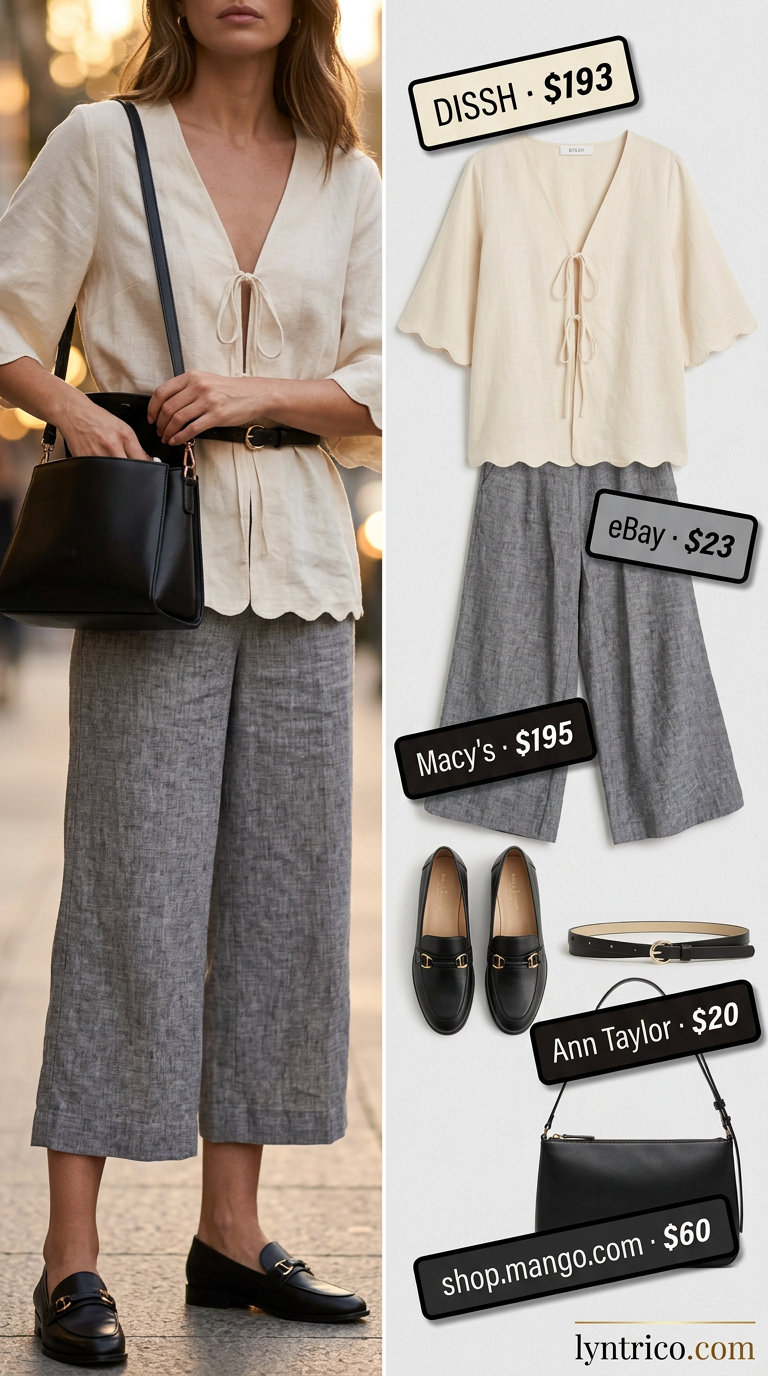 Modern black linen trousers with a white twisted neckline linen top for smart casual summer outfits 2026.
