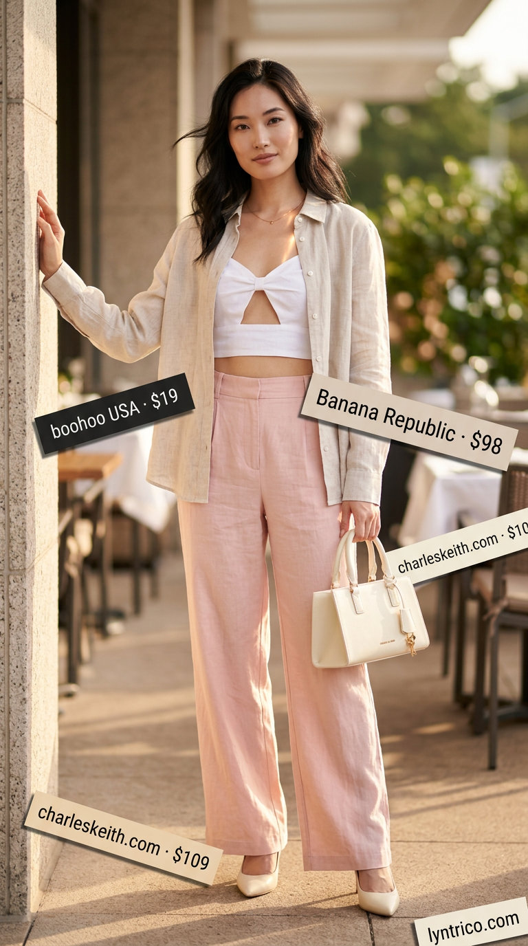 Sophisticated blush pink linen trousers with a crisp white linen blouse for summer evening outfits 2026.