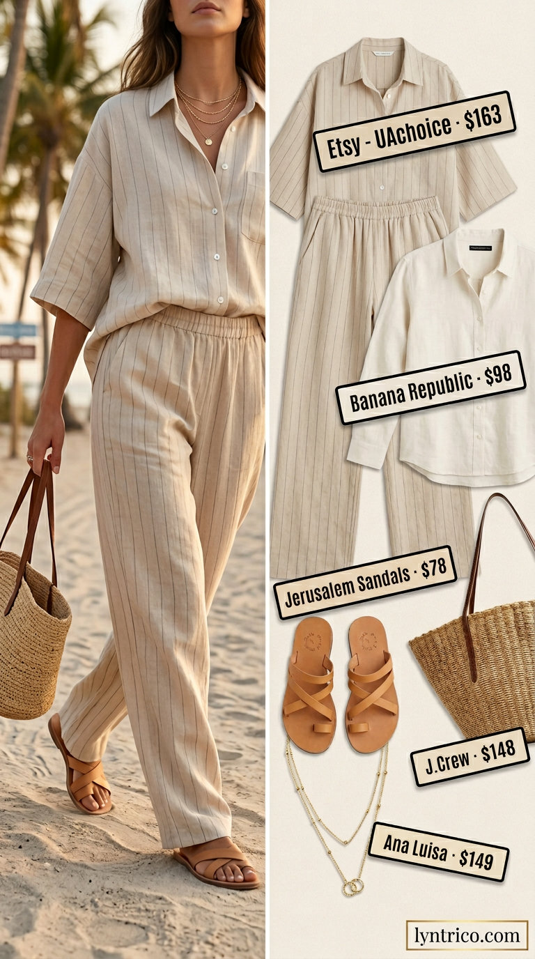 Relaxed creamy white linen set with beige linen blouse for beach vacation 2026.