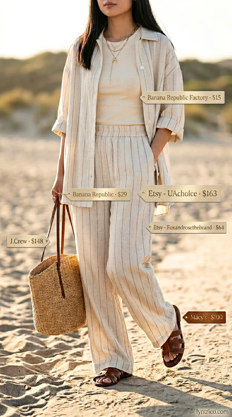 Cream linen oversized shirt and wide-leg pants set for a relaxed coastal vibe.