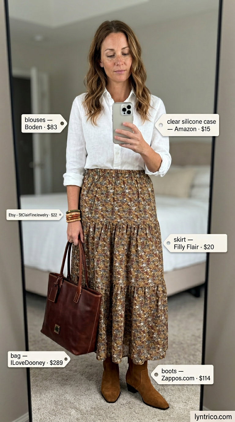 Bohemian earthy brown floral maxi skirt with a crisp white linen shirt for summer outfits 2026.