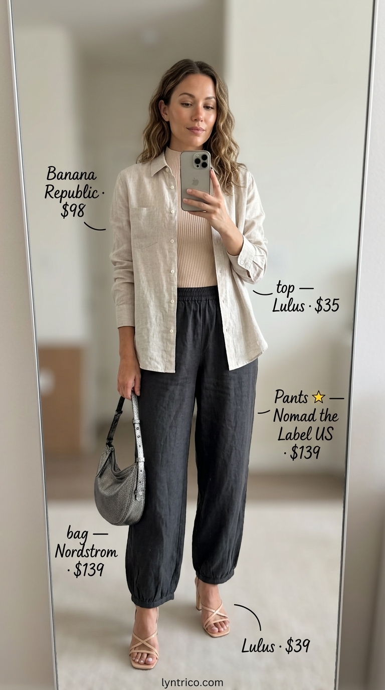 Charcoal grey linen wide-leg trousers with a cream knit top for smart casual days.