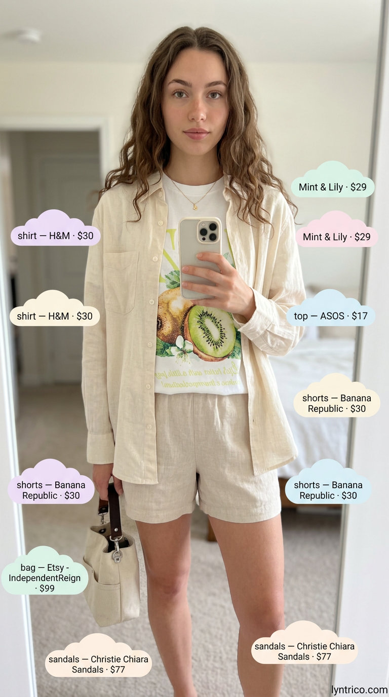 Casual light blue linen shorts paired with a white graphic tee and linen blouse for summer outfits 2026.