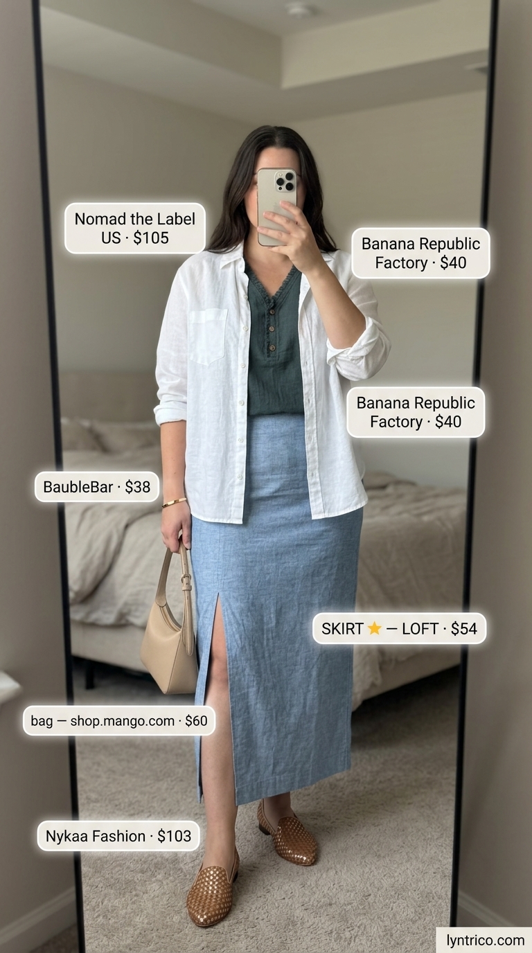 Chic sage green linen midi skirt with white linen blouse for summer evenings 2026.