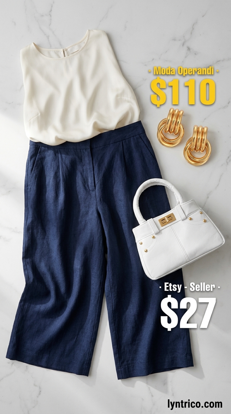 Deep navy blue linen culottes with an ivory linen blouse for elegant evening wear.