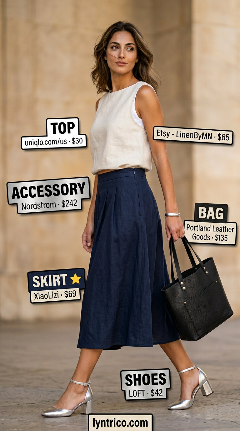 Chic navy blue linen midi skirt with an ivory linen blouse for office casual summer outfits 2026.
