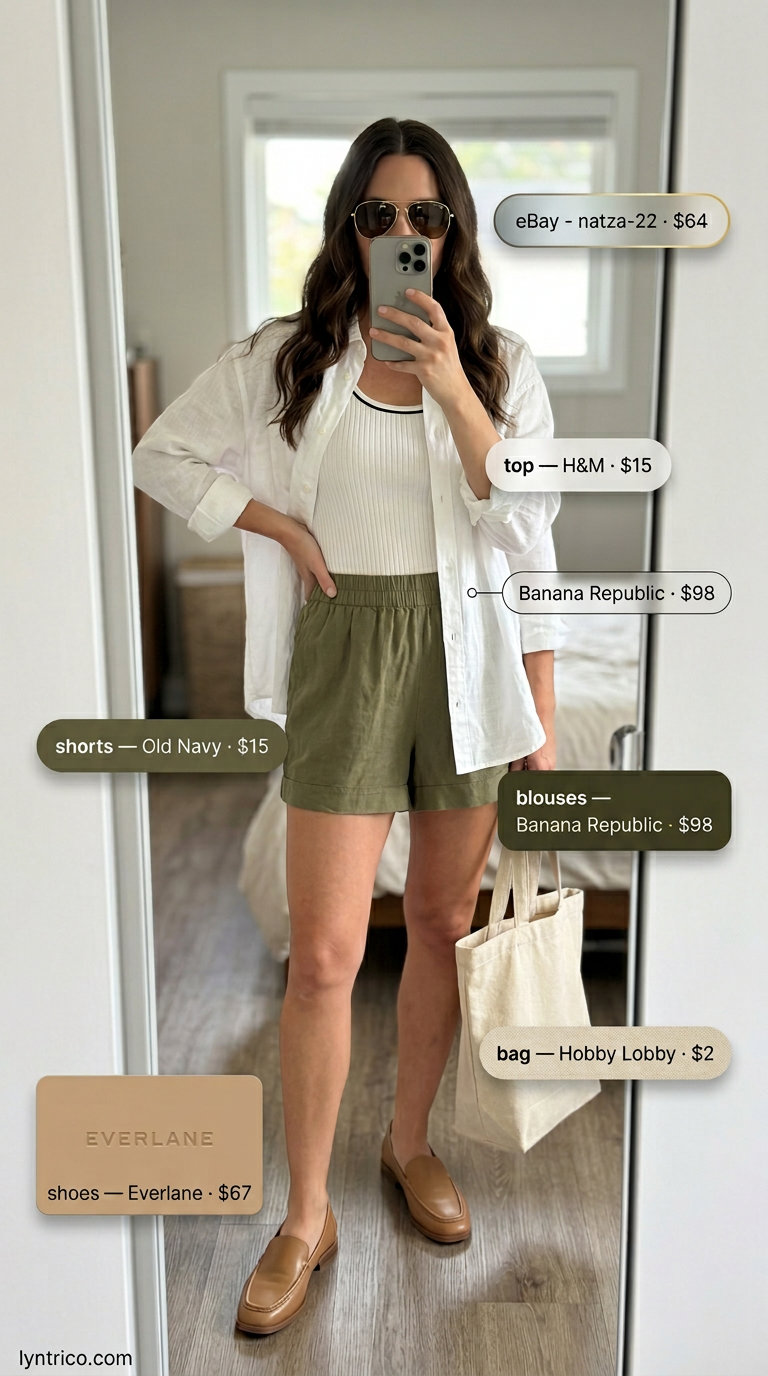 Olive green linen shorts with a crisp white linen oversized shirt for urban exploration.