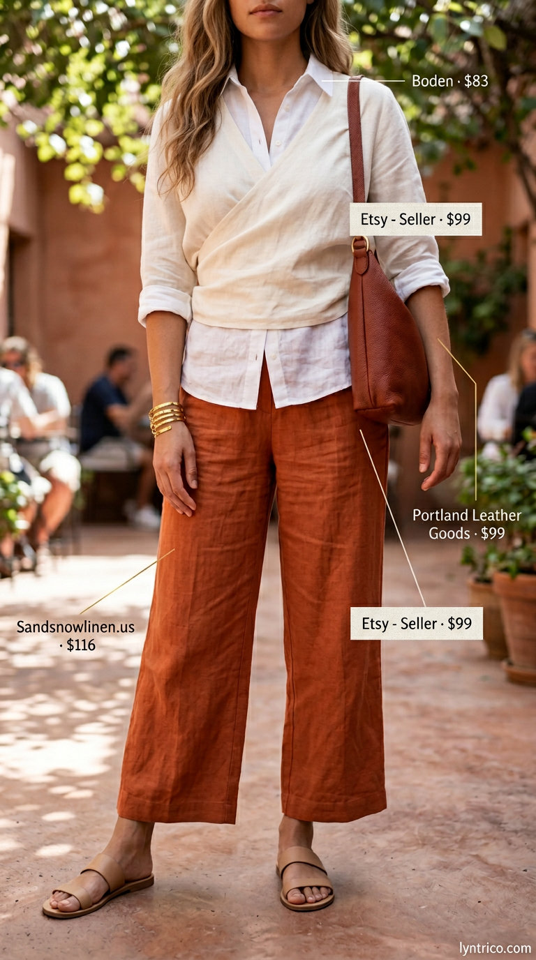 Terracotta orange linen culottes with an off-white linen blouse for relaxed daytime style.