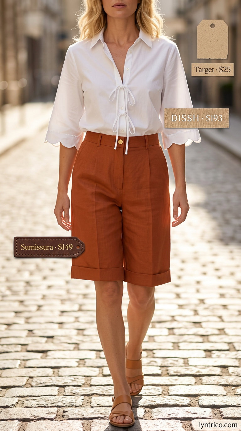 Polished white linen shorts with navy linen blouse for city exploration 2026.