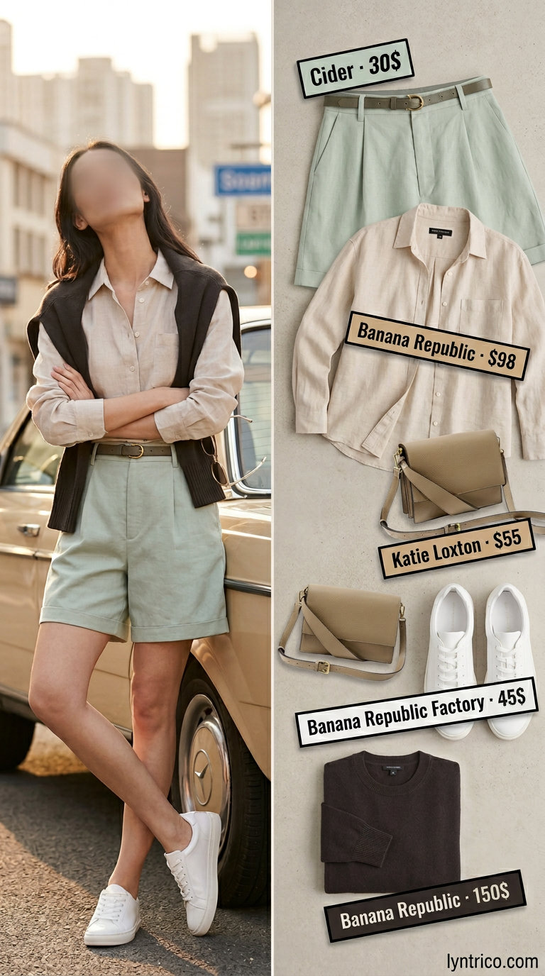 Polished white linen oversized shirt with olive green linen shorts for city exploration summer outfits 2026.