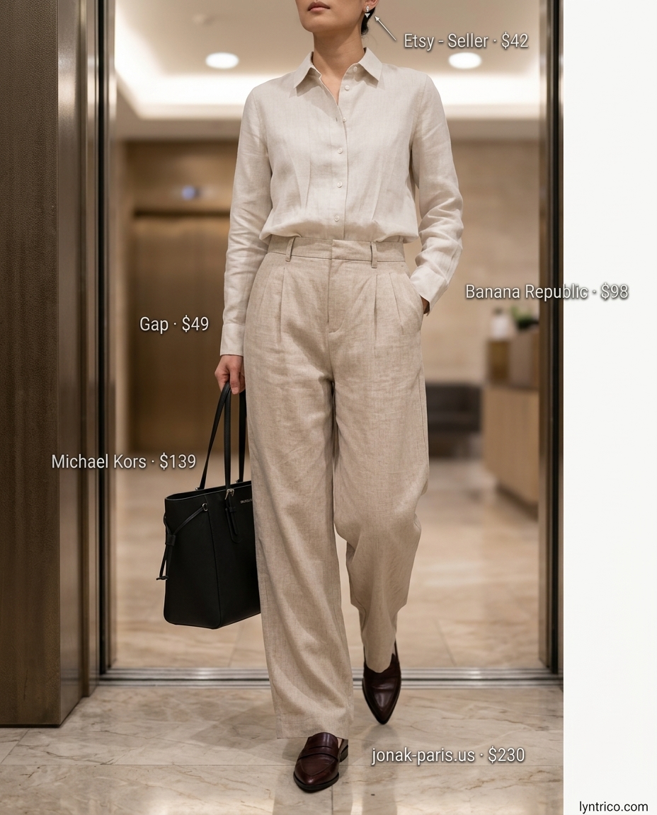 Summer linen business casual outfit for women 2026: Beige trousers, white shirt, black loafers, tote.