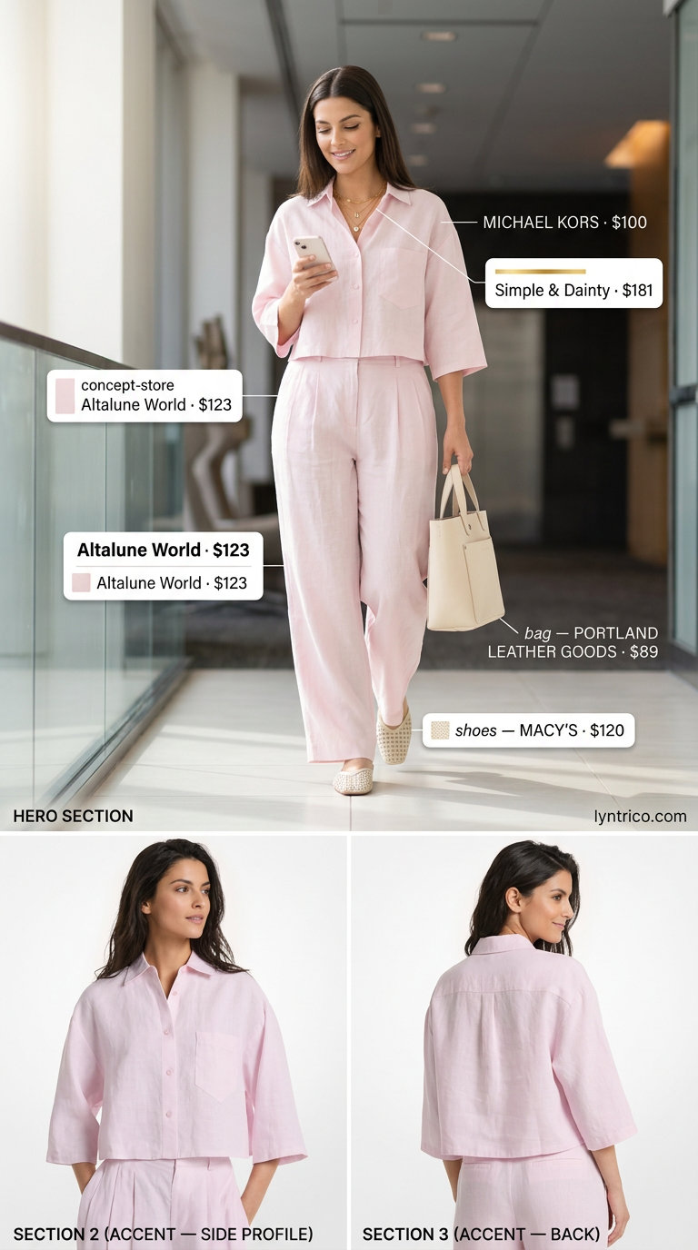 Blush pink linen skirt set for a feminine summer linen business casual outfit for women 2026. Chic playful business brunch look.