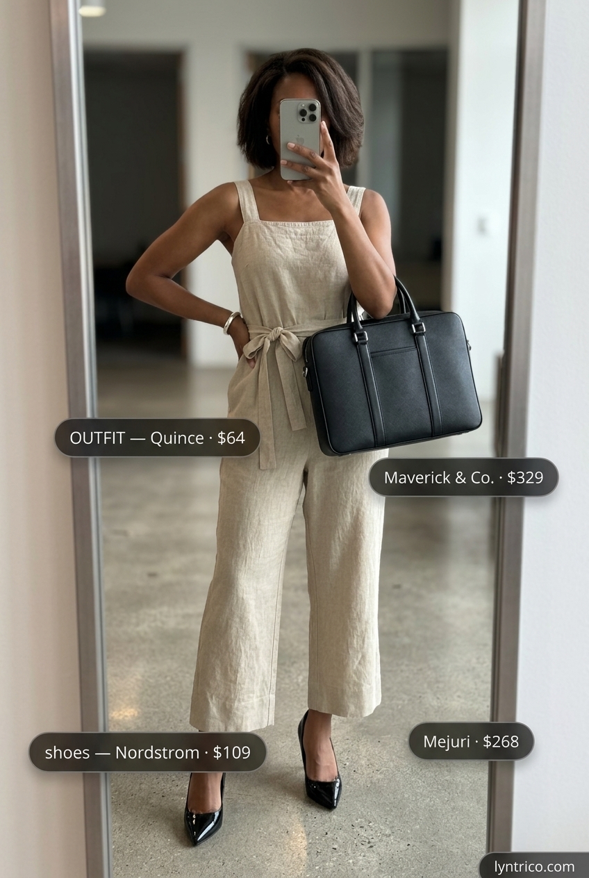 Charcoal grey linen jumpsuit for a sophisticated summer linen business casual outfit for women 2026. Modern and sleek office attire.