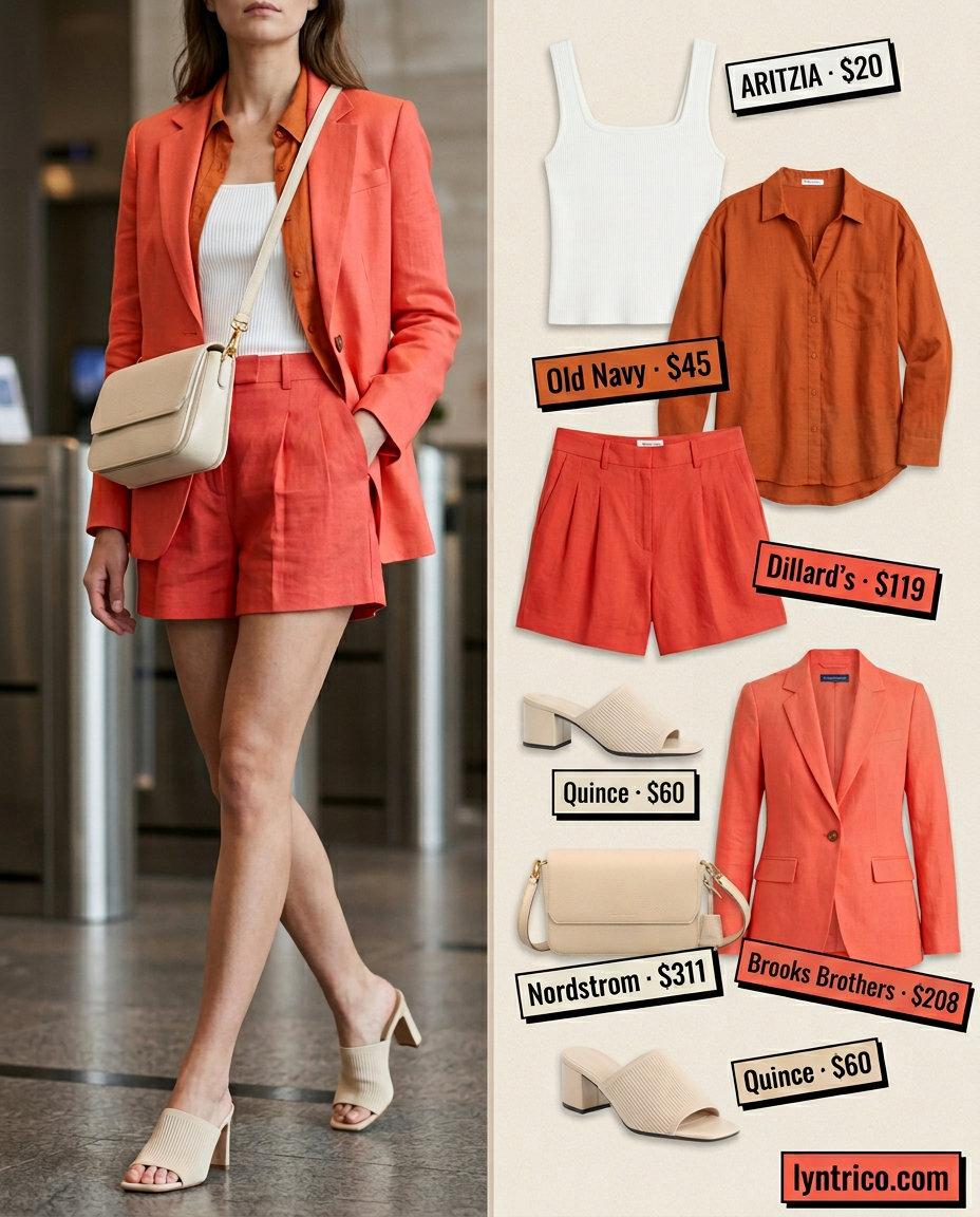 Coral linen blazer and shorts set for a confident summer linen business casual outfit for women 2026. Vibrant modern office attire.