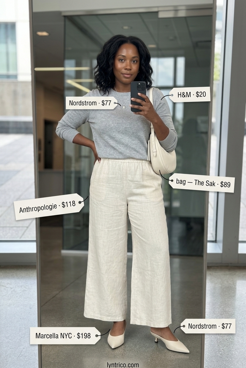 Cream linen wide-leg pants and grey knit top for a relaxed summer linen business casual outfit for women 2026. Chic comfortable office look.