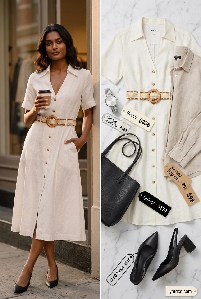 Ivory linen shirt dress for a polished summer linen business casual outfit for women 2026. Minimalist chic office look.