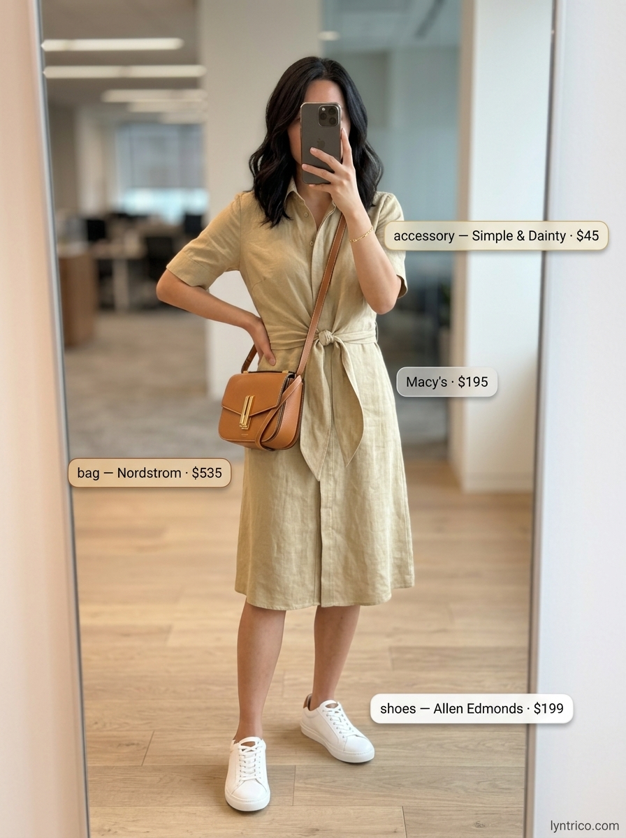 Light khaki linen shirt dress for an effortless summer linen business casual outfit for women 2026. Refined modern office look.