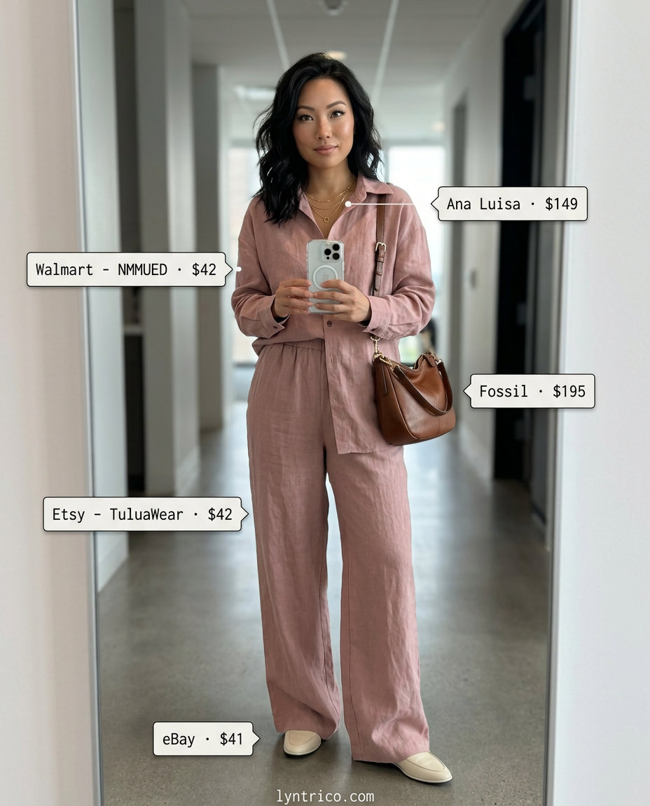 Summer linen business casual outfit for women 2026: Dusty rose linen co-ord set, cream loafers. Chic & effortless for office.