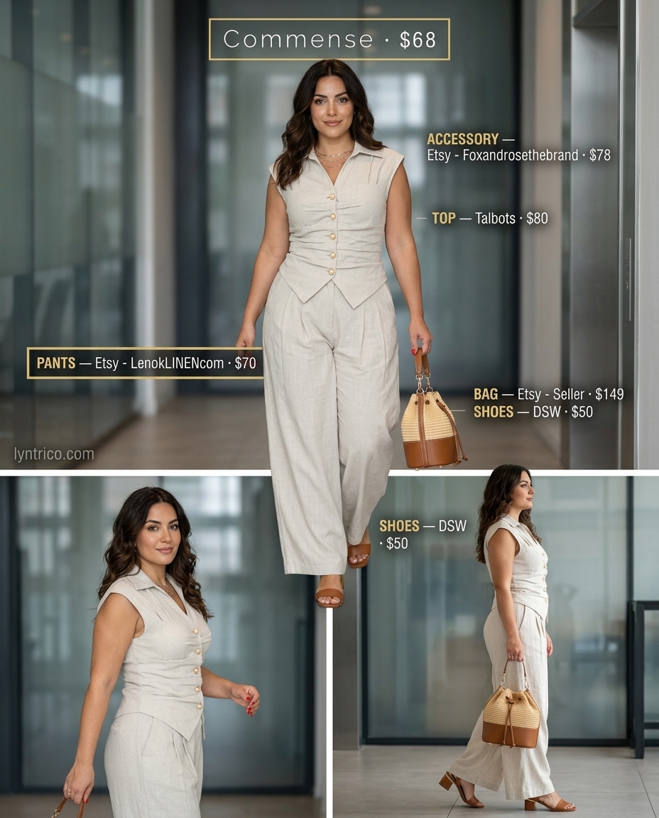 Summer linen business casual outfit for women 2026: Coral culottes, white blouse, tan sandals. Relaxed & fresh for office.