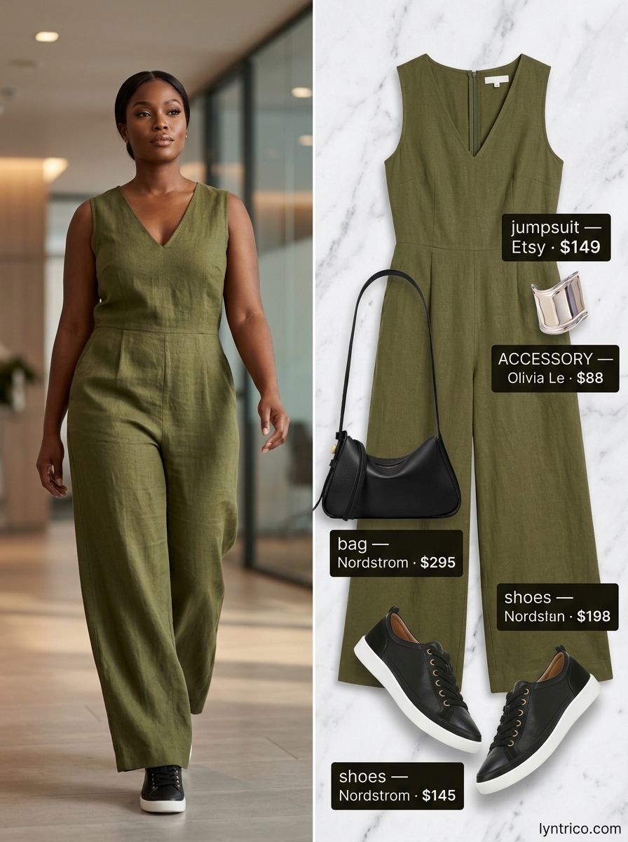 Summer linen business casual outfit for women 2026: Olive green linen jumpsuit, black sneakers. Modern & confident for events.