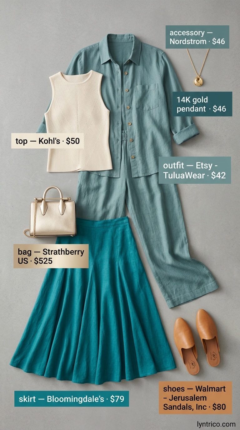 Summer linen business casual outfit for women 2026: Teal linen skirt, cream knit top, tan mules. Elegant & sophisticated for office.