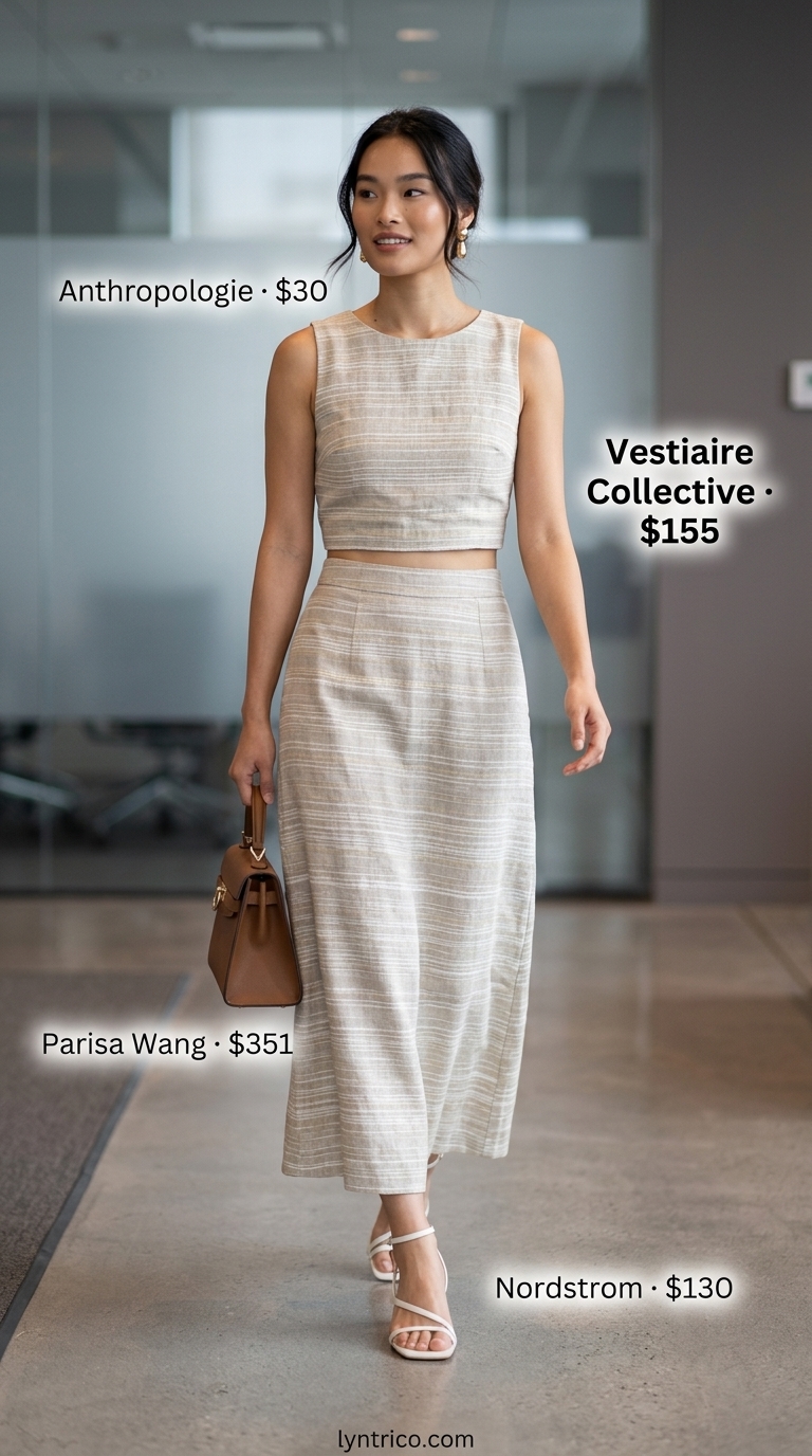 Summer linen business casual outfit for women 2026: Stone linen skirt set, white sandals. Chic & sophisticated for office.