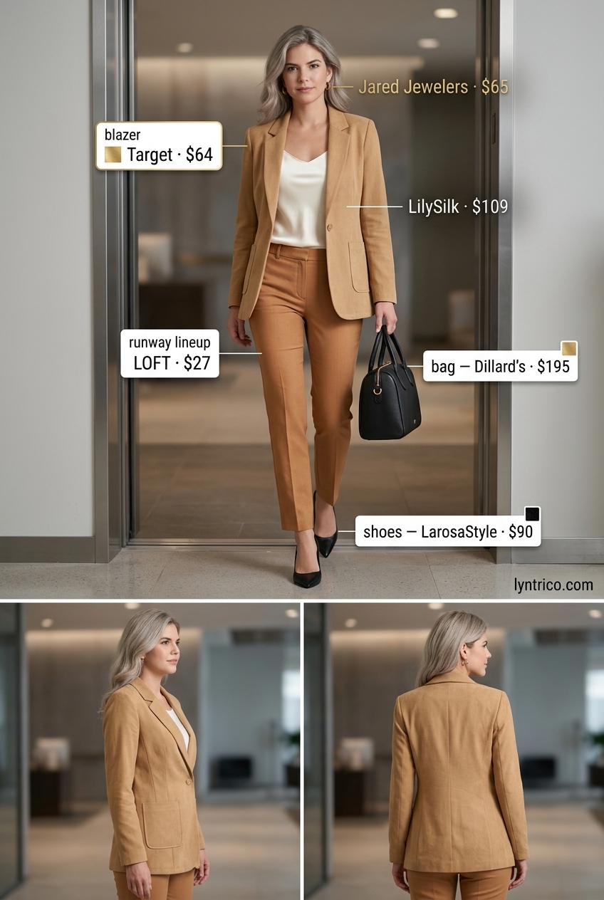Summer linen business casual outfit for women 2026: Camel linen trousers, white shell top, black pumps. Powerful & classic for office.
