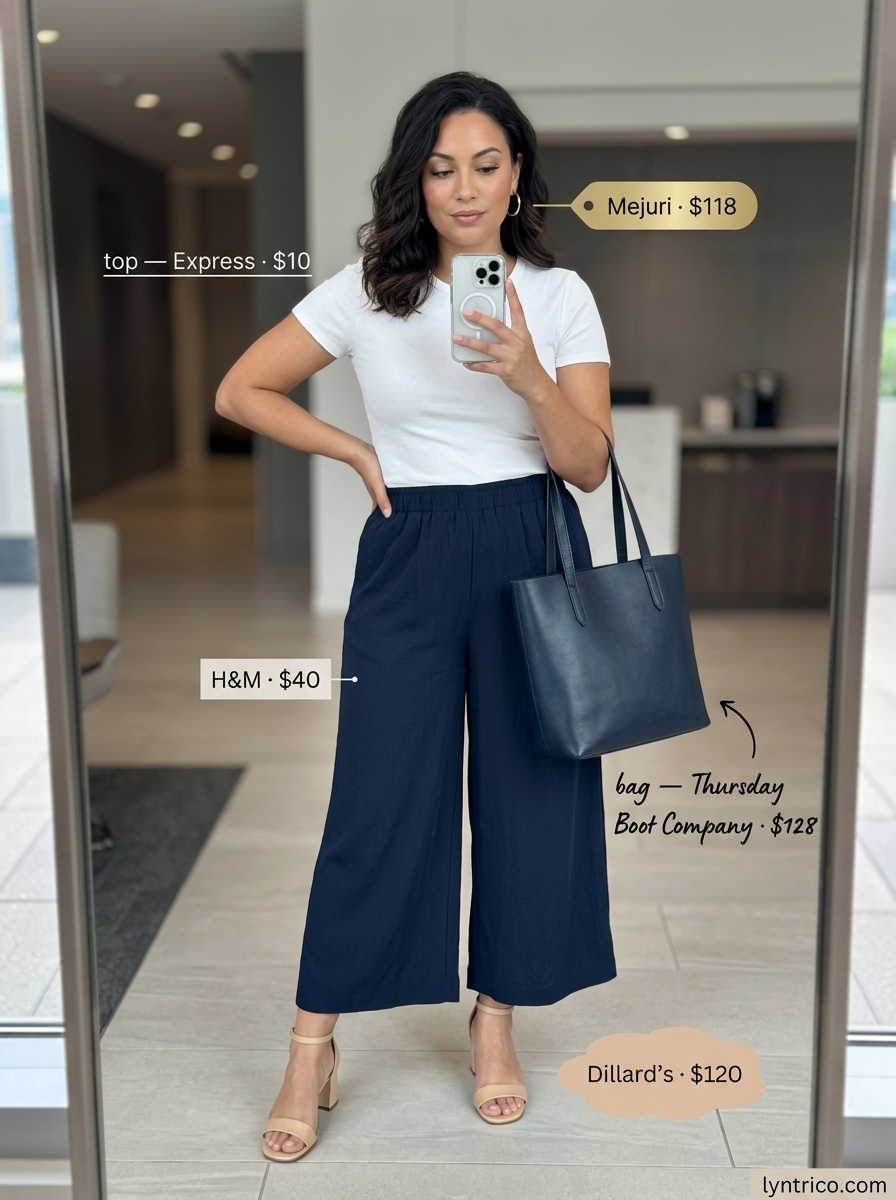 Navy linen culottes and white ribbed top for a summer linen business casual outfit for women 2026. Chic and comfortable office look.