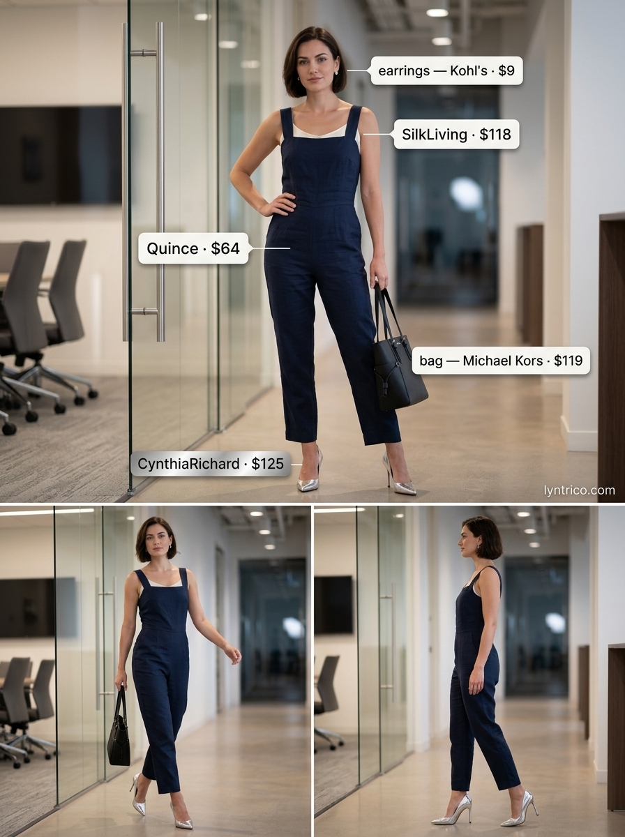 Navy linen power suit for a powerful summer linen business casual outfit for women 2026. Sophisticated corporate office attire.