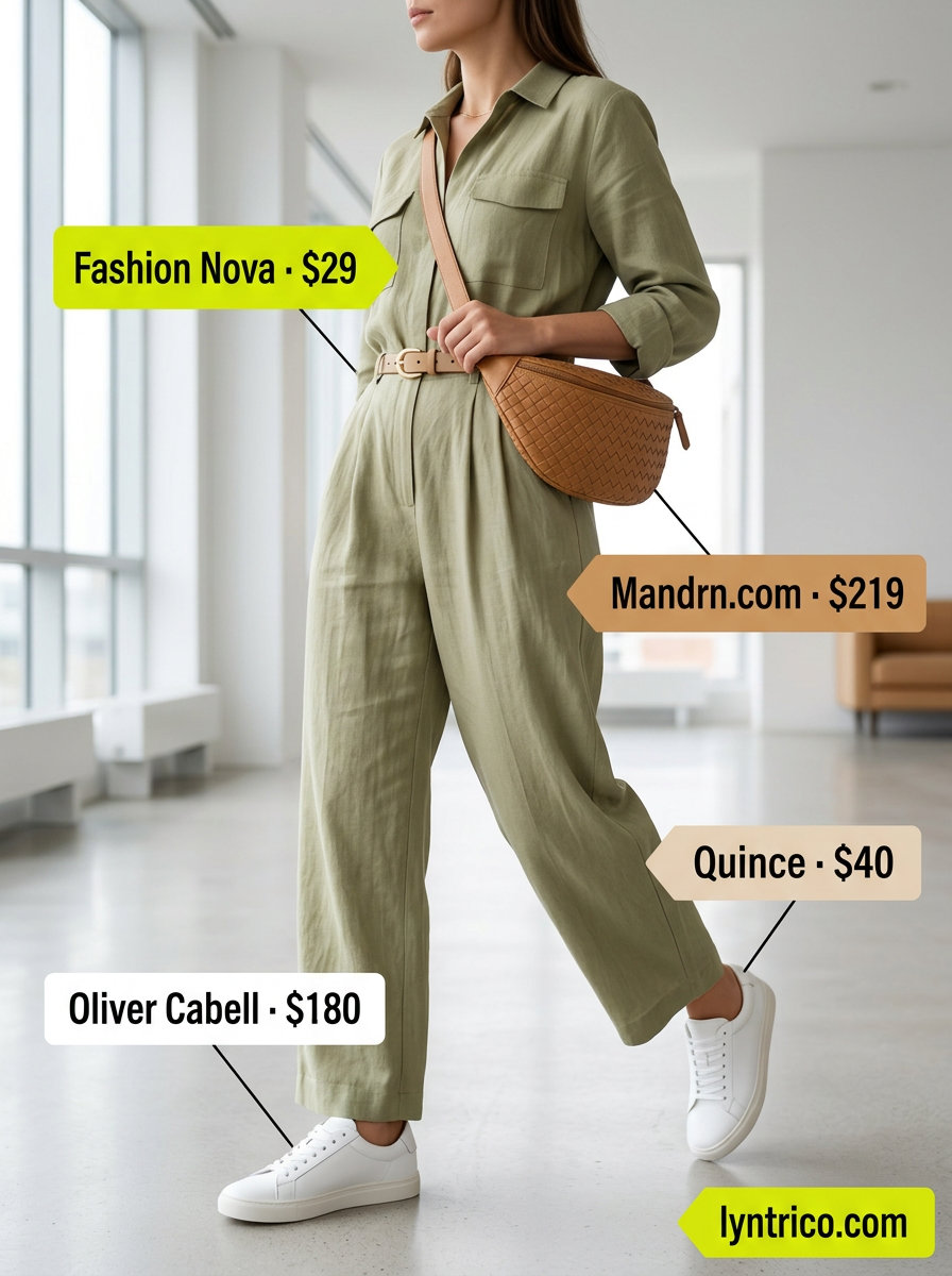 Summer linen business casual outfit for women 2026: Olive green utility jumpsuit, cream sneakers, tan belt bag.