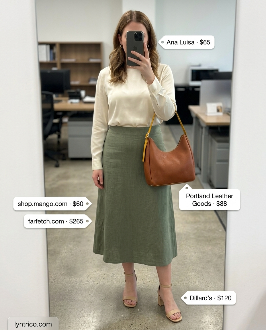 Summer linen business casual outfit for women 2026: Olive skirt, ivory blouse, tan heels, gold earrings.