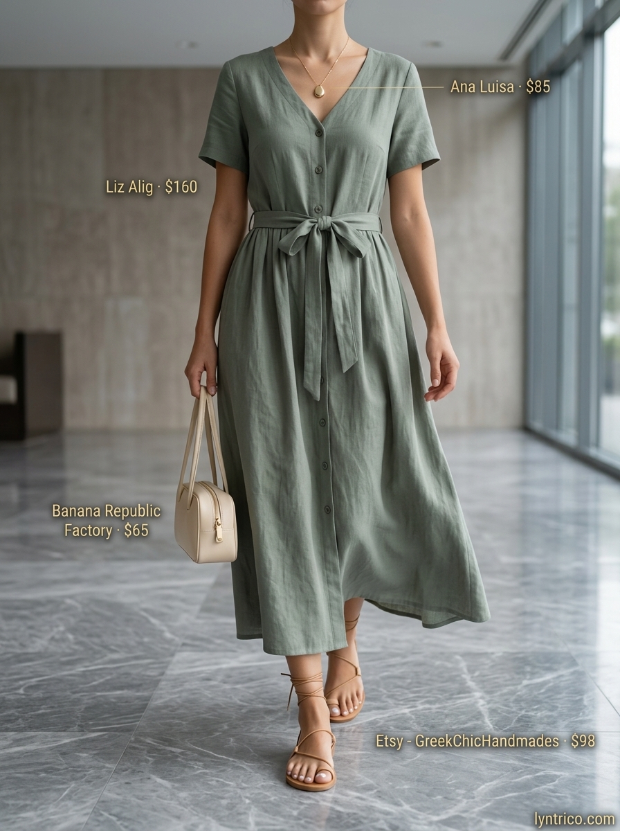 Summer linen business casual outfit for women 2026: Sage green linen dress, tan sandals, cream satchel.